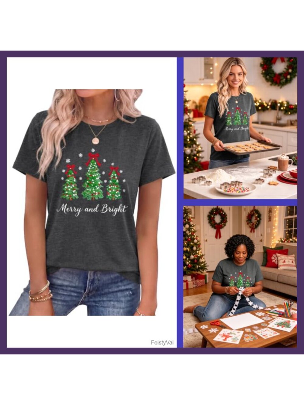 Women's Christmas Tree Print Graphic Tee Crew Neck Short Sleeve Holiday T-Shirt